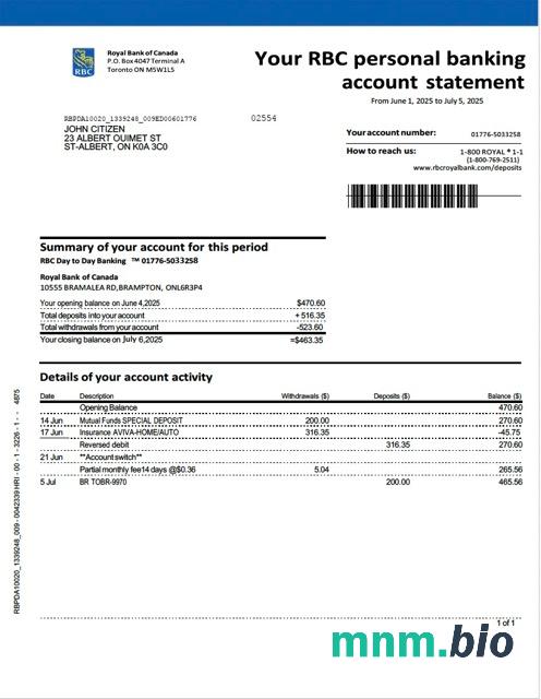Wyciąg bankowy Canada Royal Bank of Canada (RBC), szablon Word i PDF, Wersja 3